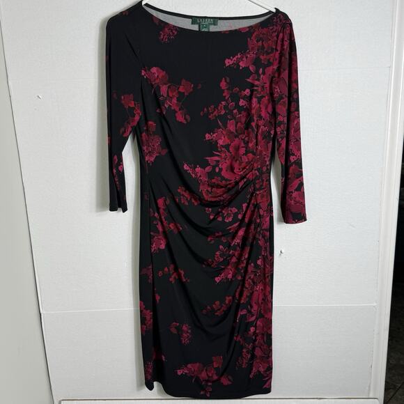 Ralph Lauren Womens Dress Black Floral Stretch Faux Wrap Ruched Elegant Sheath 8 - Picture 2 of 9